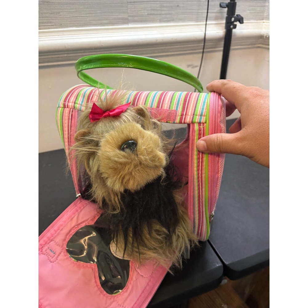 Pucci Pups Yorkie Plush Stuffed Animal with Pink Striped Pet Carrier Bag Toy